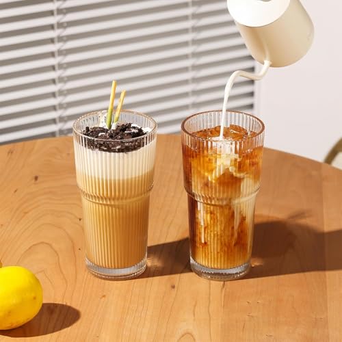 Image of WEZOSHINET Ribbed Glass Tumbler Drinking Glasses with Lids & Straws, Leak-Proof 20oz and 15oz Glass Cups, 2PCS Glass Tumblers, Ideal for Home, Office, Outdoor Use (20oz + 15oz Glass)