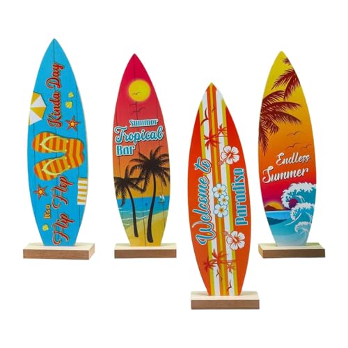 LOVIVER Lot de 4 décorations de table en forme de planche de surf, centres de table, figurines d'été, ornement hawaïen, décoration de plage, panneau de