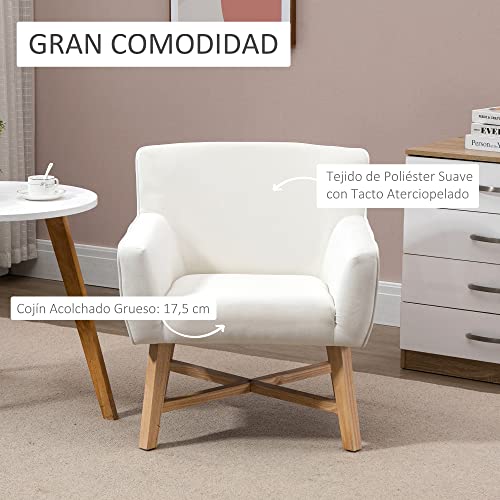 Miniatura 4 de Homcom Butaca De Salón Tapizada En Terciopelo Sillón Relax Moderno Con Asiento Reposabrazos Acolchados Patas De Madera Y Base Cruzada Para Dormitorio 67x65x74 Cm Blanco