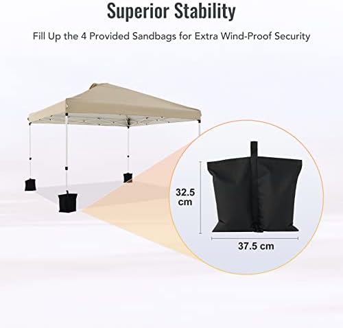 DARTMOOR Pop up Gazebo, 3x3 m Canopy Tent for Outdoor Camping Beach Patio More, 10 ft Windproof Waterproof Garden Gazebo with Steel Frame Sand Bags and Storage Bag, Portable Folding Party Tent (Beige)