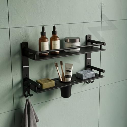 Image of GRIVAN Stainless Steel 2-Tier Bathroom Accessories Set - Heavy Duty Bathroom Shelves with Dual Soap Holder, Toothbrush Holder & Tumbler | Wall Mounted Bathroom Organizer (Black Matte)