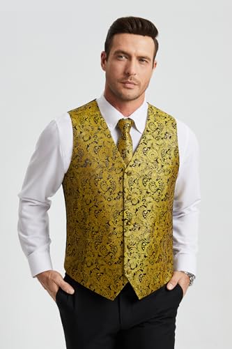 Image of HISDERN Vest and Tie Sets for Men Vests Paisley Floral Jacquard Necktie Pocket Square 3PCS Waistcoat for Suit or Tuxedo