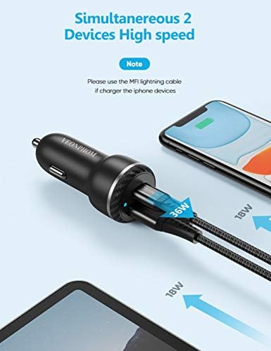 YEONPHOM Fast USB C Car Charger Compatible for iPhone 14 13 12 Pro Max/Mini/11 Pro Max/11/XS MAX/XR/X,36W Dual Port QC3.0 Type C PD Car Charger Adapter with 2m MFI Certified USB C to Lightning Cable