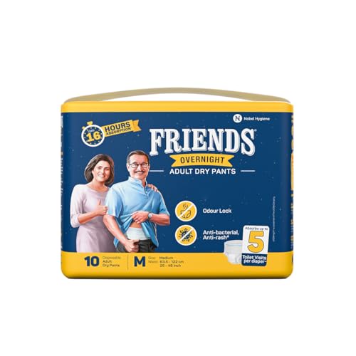 Friends Overnight Adult Diaper M Size Pants | 10 Count (Medium) | Waist 25 – 48 inch | Unisex | Leakproof | Quick & Even Absorption | Long Protection hours |Anti-Rash| Odour Lock | Superior Softness | Elastic Waist & Anti-Bacterial Absorbent Core