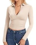Eyanse Long Sleeve Shirts for Women Apricot Collared Shirt Sexy Polo Tshirt Womens Button Up Tops Deep Vneck Trendy Business Casual Outfits,L