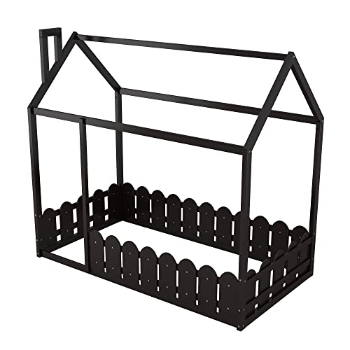 Harper & Bright Designs Twin House Bed Frame For Kids, Wood Twin Montessori Bed With Fence-Shaped Guardrails, Toddler Floor Bed Frames For Girls, Boys,Espresso #TOP4