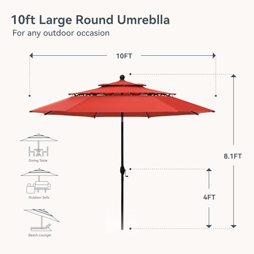 Image of PHI VILLA 10ft Patio Umbrella Outdoor 3 Tier Vented Market Table Umbrella with 1.5 inch Umbrella Pole and 8 Sturdy Ribs, (Orange Red)(No Base)