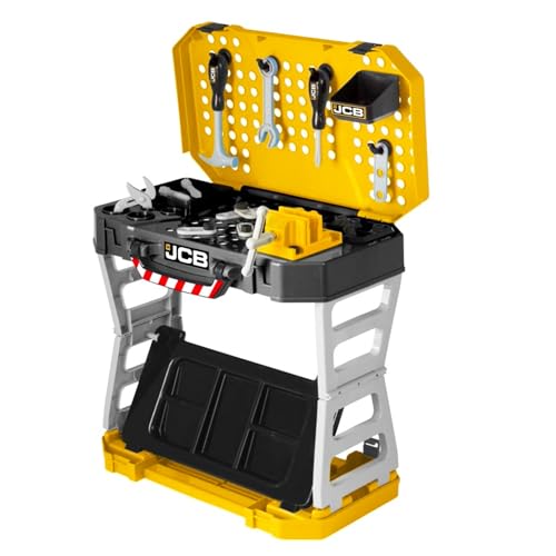 JCB Work Bench Tool Kit - Foldable Tool Bench For Children Set - Childs Play Set for Boys and Girls - Construction Toys, Great Role Play for Kids