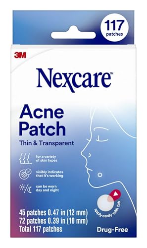 Nexcare Thin and Transparent Acne Patch, Skin Cover Absorbs Pus and Oil from Clogged Pores, Made with hydrocolloid, tab Allows for Easy Removal from Liner - 117 Pimple Patches