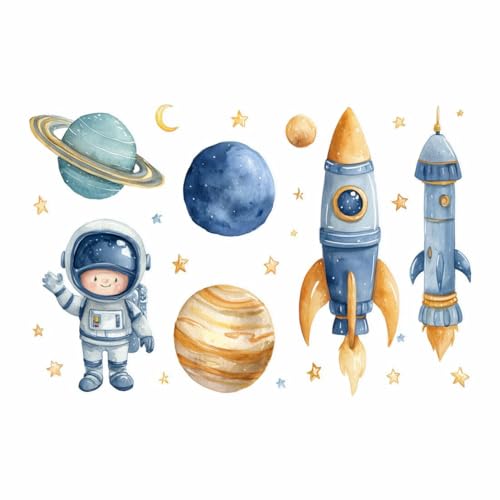 Image of Space Theme Wall Sticker for Kids Room | Astronaut, Rocket & Planet Self Adhesive Wall Decal | Peel & Stick Nursery, Bedroom & Playroom Decoration