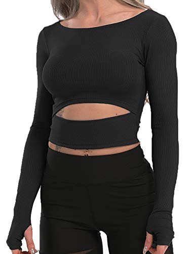 Tops Yoga Camiseta Deportiva Sin Costura Mangas Larga Fitness Mujer Gimnasio Negro M