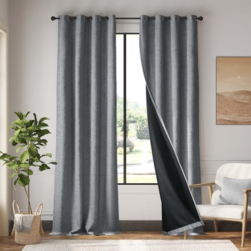 JINCHAN 100% Blackout Curtain 244CM Long Gray Faux Linen Curtain for Living Room Thermal Insulated Room Darkening Grommet Top Window Drape 2 Panels for Bedroom Charcoal Grey
