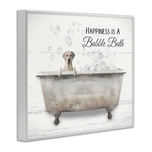 Image of 'Happiness Is A Bubble Bath Dog'| Framed Giclee Art | Stupell Industries | White, 14 x 11 Inches, Easy to Hang and Sturdy, Made in USA, by Lori Deiter