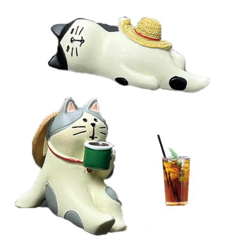 Homelytic Cute Cat Dashboard Decoration, Mini Lucky Cat Car Interior Accessories, White and Gray Figurine with Straw Hat, Office Desk Ornament