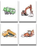 Boy's Bedroom Construction Vehicles Wall Art - Set of 4 Modern Nursery Room Decor for Boys - Toy Roo