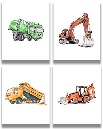 Boy's Bedroom Construction Vehicles Wall Art - Set Of 4 Modern Nursery Room Decor For Boys - Toy Room And Playroom Wall Art For Boys - Great Gift For Kids Bedroom - 8X10 Unframed Prints #TOP17