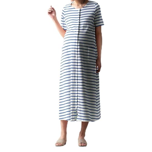 [ベルメゾン] マタニティパジャマ 授乳対応 2WAY 綿素材 半袖 前開き ワンピース ロンパース ルームウェア パジャマ 産前 産後 オフホワイト×ブルーボーダー マタニティM～Lのサムネイル