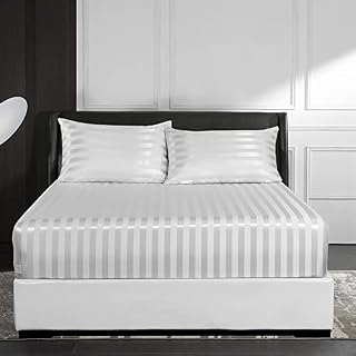 DuShow Satin Fitted Sheet Double White,Stripe Silky Deep Pocket(35cm) Satin Bed Sheets,Breathable Soft Comfortable Satin sheets Single,Fitted Sheet Only(Off White,Double)