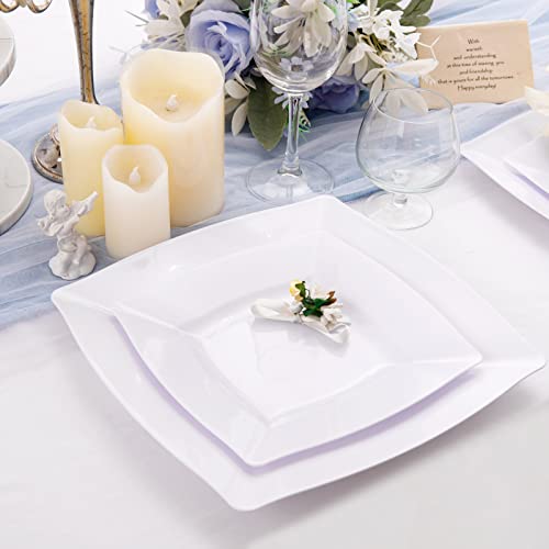 Morejoy 60 Pcs White Square Plastic Plates - White Disposable Dinner Plates 10.5" - Premium Appetizer Plate - Dessert/Salad Plate 9“ for Wedding & Birthday & Party by Morejoy - Used condition - US$28.34