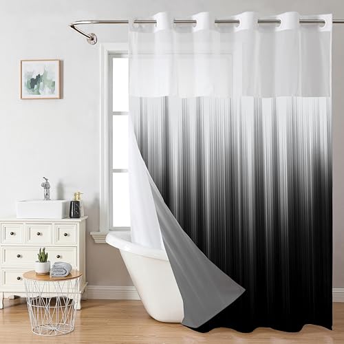 Ombre Black Shower Curtain No Hook with Snap in Liner-Gradient