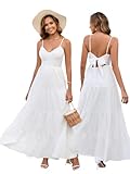 HTZMO Women Casual Summer Floral Maxi Sundress V Neck Spaghetti Strap Bow Tie Backless Flowy Boho Beach Long Dress 2025 White L