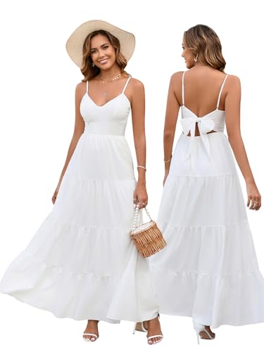 HTZMO Women Casual Summer Floral Maxi Sundress V Neck Spaghetti Strap Bow Tie Backless Flowy Boho Beach Long Dress 2026 White S