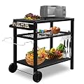 Outvita Outdoor Grill Cart, Movable Food Prep and Work Cart Table, Pizza Oven Stand Table with Wheels, Indoor & Outdoor Multifunctiona BBQ Cart with Mesh Racks for Home Party Camping
