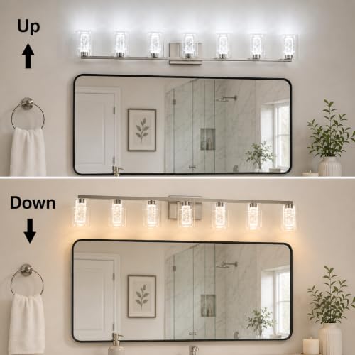 Image of 7-Light LED Vanity Light Fixtures for Bathroom,Electroplated Nickel | Bathroom Light Fixtures Over Mirror, 3 Color Lighting, Crystal Bubble Glass & Clear Glass Shade, Modern Vanity Light