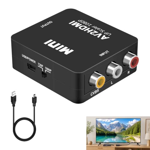 Convertidor RCA a HDMI Compatible con TV, PC, PS2, PS3, PS4, Xbox, N64, VHS, VCR, Reproductores DVD, Monitor, Adaptador AV a HDMI 1080P Compuesto, para PAL/NTSC, Mini RCA Amarillo Blanco Rojo a HDMI
