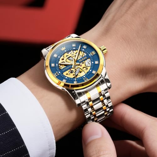 Image of OLEVS Mens Automatic Watch Skeleton Diamond Luxury Mechanical Self Winding Dress Wrist Watch Waterproof Luminous