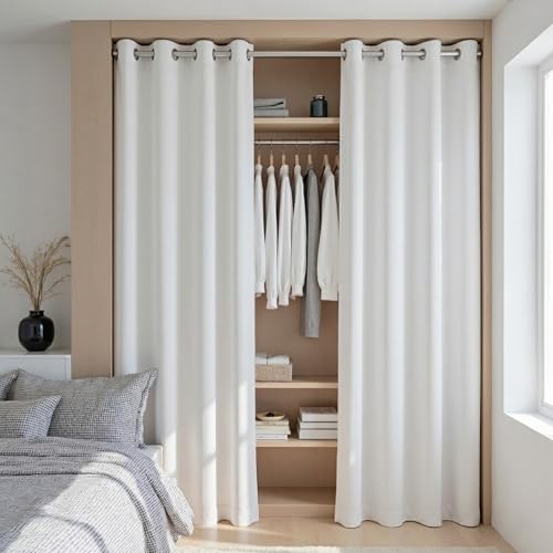 KOUFALL Closet Curtain for Open Closet Extra 52 Inch Wide 70% Blackout Room Divider Curtains Door Curtain for Doorway 78 Inches Long 2 Panels Set White
