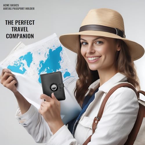 Acme Basics AirTag Reisepasshülle mit AirTag Gepäckanhänger Combo und AirTag-Haltern Impfkarte, Ausweis, Bordkarte, Kreditkartenschutz für Männer und Frauen, Schwarz, Classic