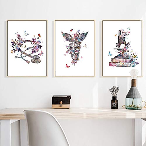 Appareil médecin médical cadeau Art Aquarelle Peinture Toile Imprimer Caducée microscope Poster Clinique Stethoscope Wall Art Décor No Frame (Size : 30x40 cm X3pcs No Frame) Cover