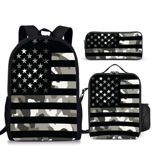 3PCS Camouflage flag Backpack for Boys Girls Teens School Backpack with Lunch Box Pencil Case for Elementary Middle High Students 17 Inch Lightweight Bookpack 3 in 1 Set Back to Shool for Kids