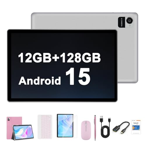 Crelander 10,1 Zoll Android 15 Tablet, 12GB+128GB Android Tablet, 5000mAh Akku, 1280x800 Touchscreen, Bluetooth/WiFi, Bundle mit Hülle, Tastatur, Maus & Stylus (Rosa)
