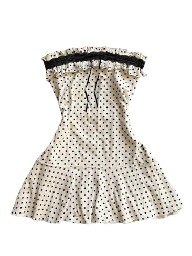 WDIRARA Women's Polka Dots Strapless Ruffle Mini Dress Lace Sleeveless...