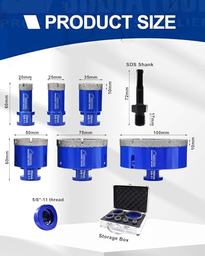 Image of SHDIATOOL Diamond Drill Core Bits Set for Porcelain Hole Saw Cutter for Tile Marble Ceramic Granite 5 /8-inch-11 6pieces(20 /25 /35 /50 /75 /100MM)