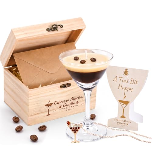 Martini Coffee Candle Gift Set with Necklace & Greeting Card Espresso Scented Soy Wax Candle in Martini Glass Cocktail Gift for Women Birthday Valentines Day (Martini Coffee Candle)