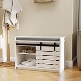 RASOO Shoes Benches with Cabinet White Shoe Storage Benches Rack Bench Barn Sliding Door with with Adjustable Shelves, Padded Seat Cushion in Grey Cusion