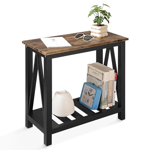 Schmaler Beistelltisch, rechteckig, mit Ablage, Konsole, Sofatisch, industrieller Nachttisch, Beistelltisch für kleine Räume, Wohnzimmer, Schlafzimmer, Badezimmer, braune glatte Tischplatte und