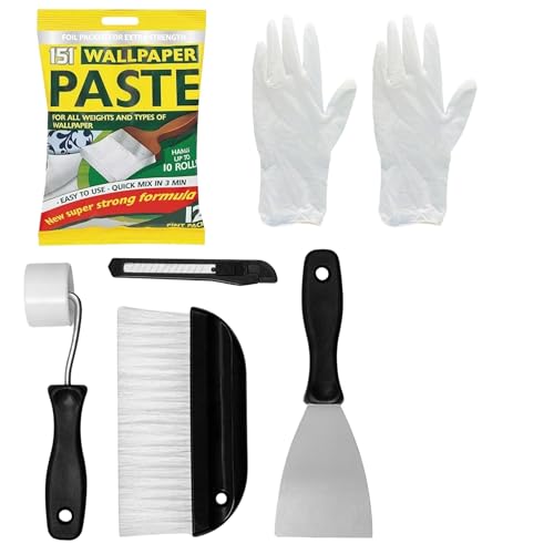 Wallpaper Paste Kit - Set Includes 1x10 Roll Adhesive Paste and Kit Containing, Roller, Hanging Brush, Scraper, Wallpaper Trimmer and Gloves