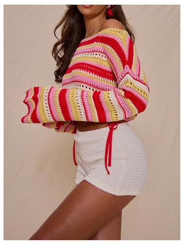 Floerns Women's Striped Crochet Cropped Sweater Boat Neck Long Sleeve Pullover Tops4