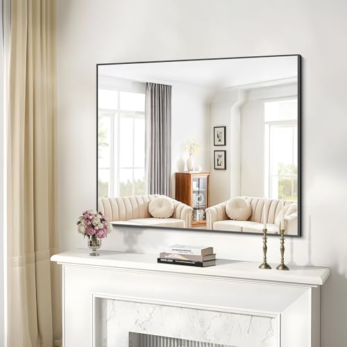 Image of COFENY Black Bathroom Mirror for Wall, 36x40 Inch Rectangle Mirrors with Metal Frame, Modern Rectangular Wall Mirror for Bathroom Living Room, Entryway Hangs Horizontal or Vertical