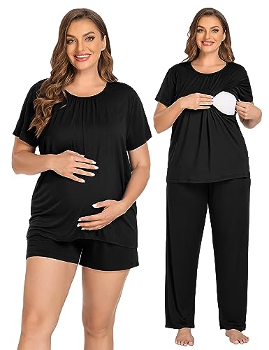 Image of SWOMOG Women 3Pcs Maternity Pajama Set Nursing Pjs Pregnancy Set Breastfeeding Pjs Double Layer with Pockets