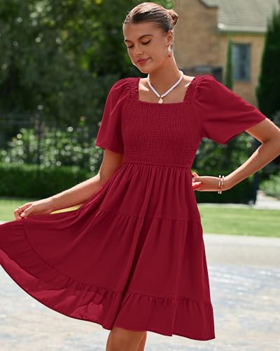 Image of BTFBM Womens Summer Smocked Mini Dress Spring Square Neck Flutter Sleeve Casual Ruffle Swing Boho Beach Dresses Pockets