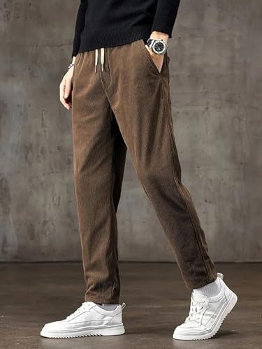 Image of BLUECORP ENTERPRISE Men's White Corduroy Casual Pants, Straight Leg, Drawstring Waist, Pockets