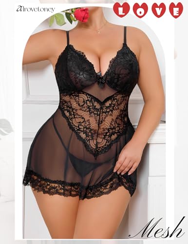 Women Plus Size Babydoll Lingerie Lace Chemise Mesh Sleepwear Strappy Sexy Nightgown Boudoir Outfit L-4XL4