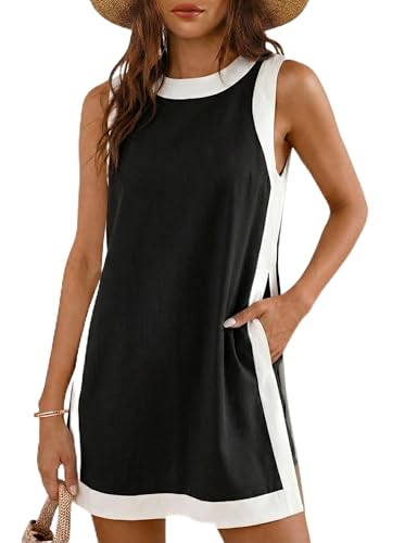 EsheSy Womens Two Piece Outfits Sleeveless Top Matching Shorts Color Block Summer Set with Pockets(Black-M)
