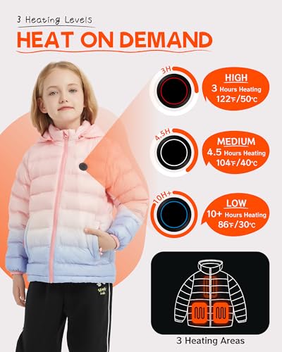 HEWINZE Kids Heated Jacket,Lightweight Water-Resistant Hooded Puffer Heated Coat for child with 5V Battery Pack（Unisex）2
