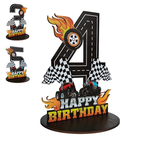 Image of Truck Birthday Number Sign Centerpiece, Truck Wooden Decoration Photo Props for Truck Birthday Decorations (4th)